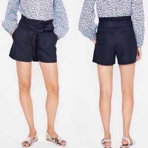 Boden St Ives Paperbag Shorts Size 12 Belted Cotton Linen Blend Navy Blue Preppy